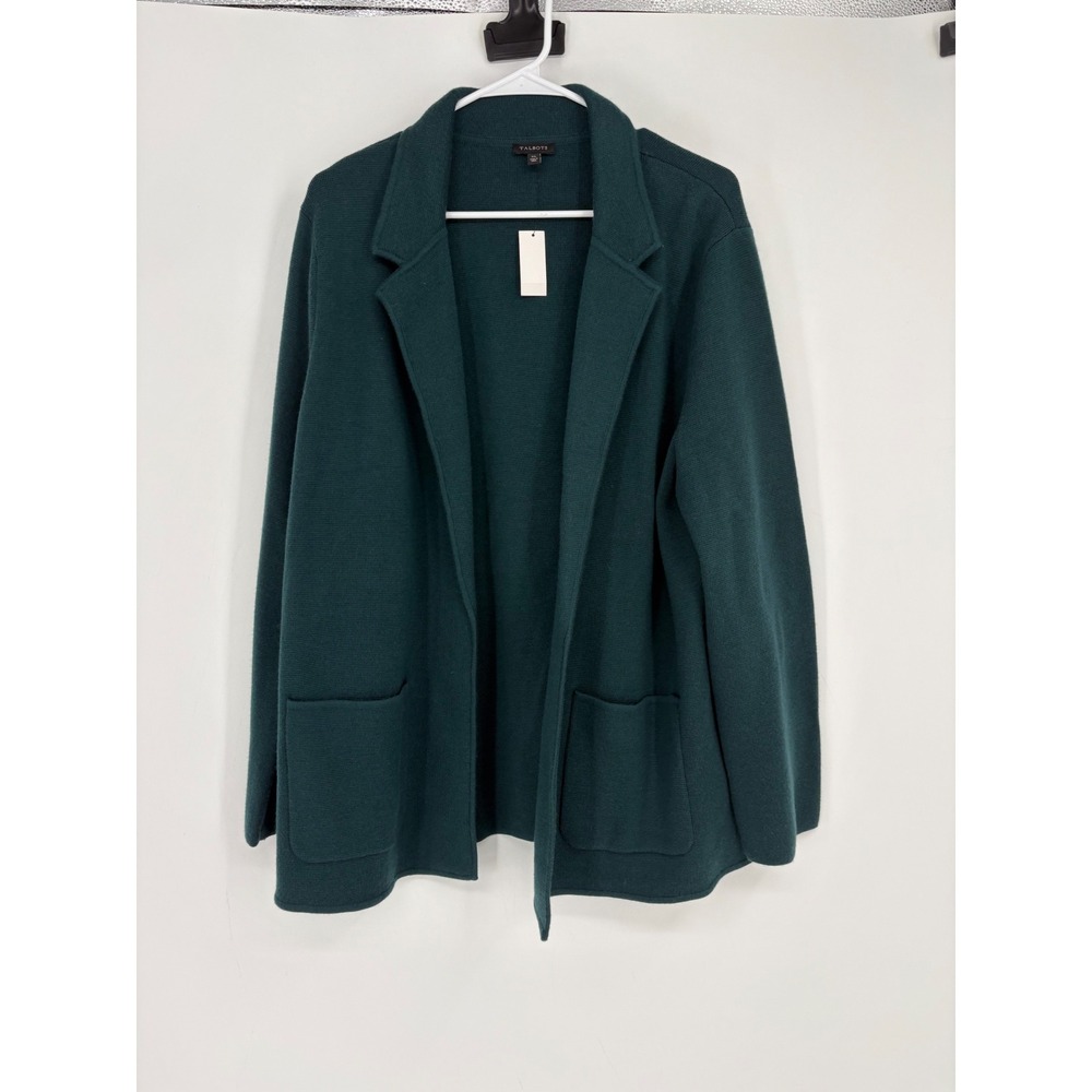 Talbots Cardigan Women XL Green Merino Wool Blend Open Front Blazer Sweater